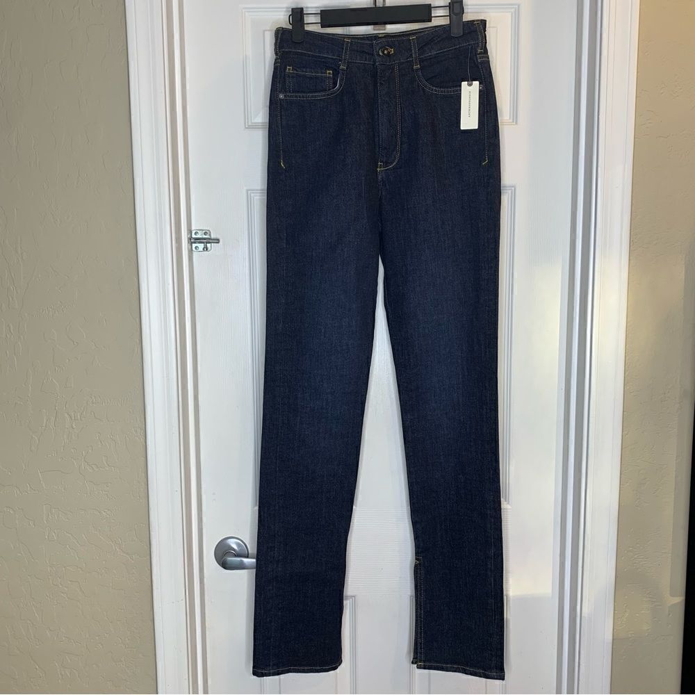 PILCRO Anthropologie The Split Straight Leg Dark Wash Boot Cut Jeans Size 27